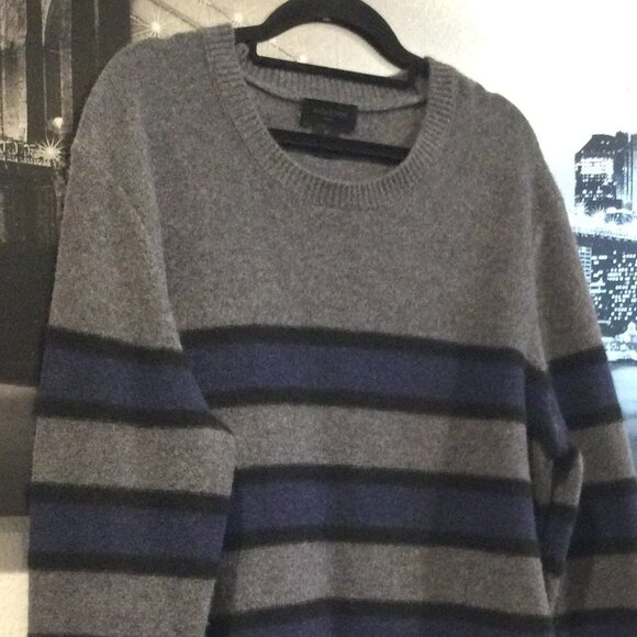 Magaschoni Men's 100% Cashmere Gray Blue Striped Crewneck Sweater Size M - Picture 2 of 9